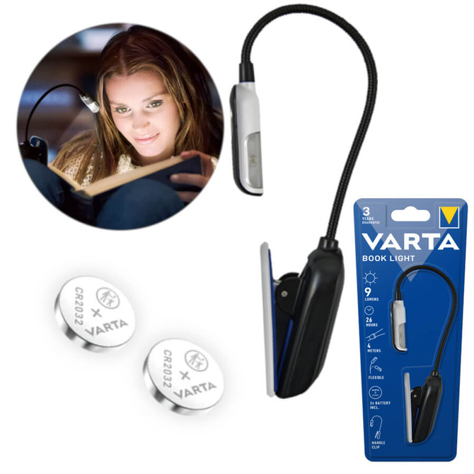 Lampka latarka led czytania z klipsem BookLight 9 lumenów VARTA +2 baterie
