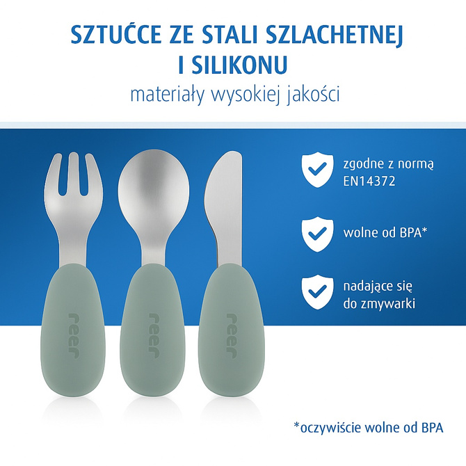 Zestaw komplet sztućców dla dzieci z stali nierdzewnej i silikonu 3el REER