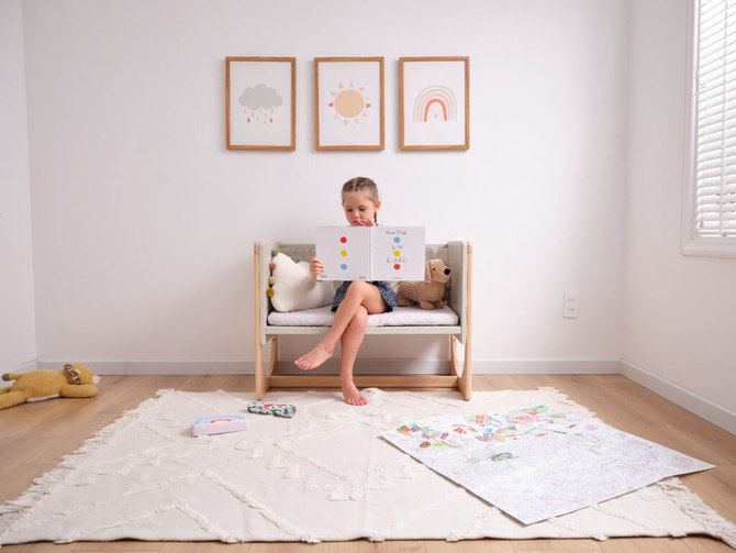 Łóżeczko drewniane dostawne 4w1 dostawka sofa biurko HATO + materac GEUTHER