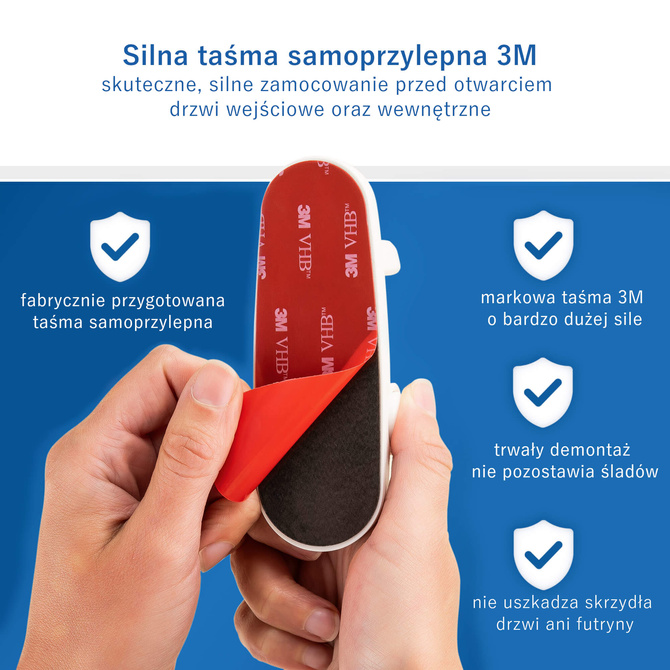 Zabezpieczenie zamknięcie blokada klamki drzwi samoprzylepne taśma 3M REER
