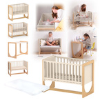 Łóżeczko drewniane dostawne 4w1 dostawka sofa biurko HATO + materac GEUTHER