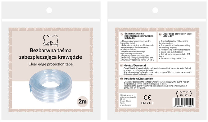 Przezroczysta taśma zabezpieczająca krawędzie meble kanty 2m SafeTeddy
