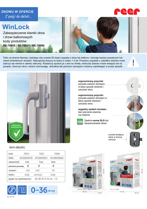 Zabezpieczenie okna drzwi balkonowych REER +klamka 3szt