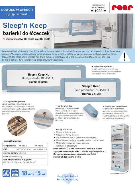 Barierka XL ochronna do łóżka dzieci 150x50cm REER