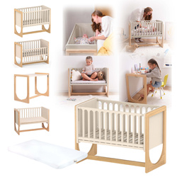 Łóżeczko drewniane dostawne 4w1 dostawka sofa biurko HATO + materac GEUTHER