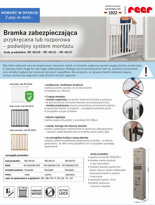 Bramka ochronna zabezpieczająca przykręcana 63-106cm REER