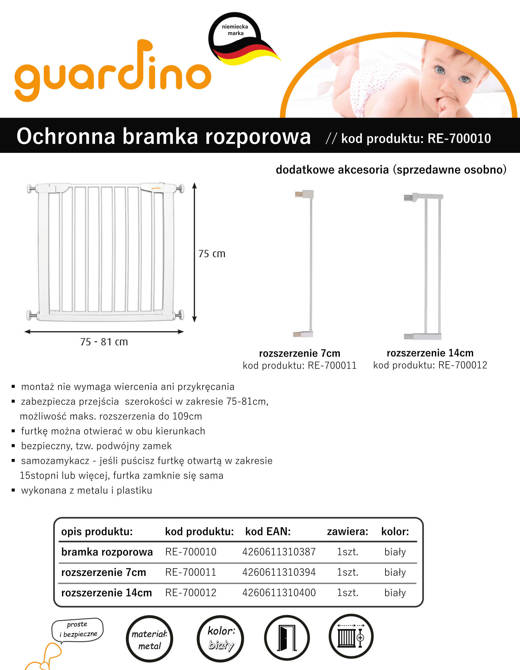 Bramka zabezpieczająca ochronna rozporowa Guardino 103-109cm wys.75cm REER