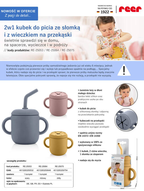 Kubek silikonowy niewysypek ze słomką pokrywką na przekąski 2w1 180ml REER