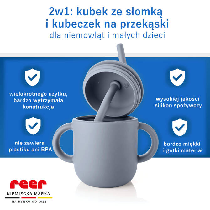 Kubek silikonowy niewysypek ze słomką pokrywką na przekąski 2w1 180ml REER